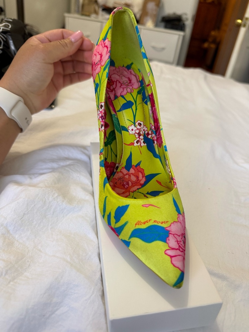 Lime Green Satin Pumps with Floral design all over